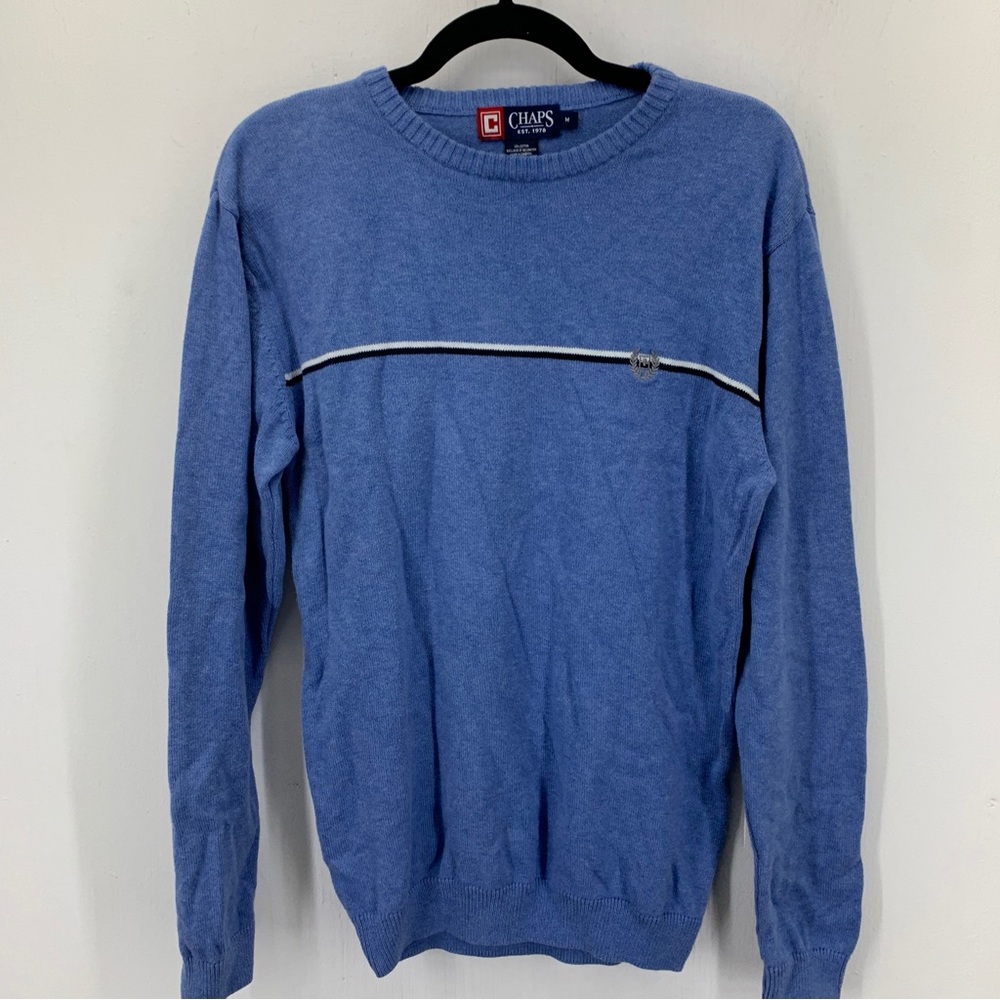 Chaps Mens Medium Crewneck Pullover Sweater 100% Cotton‎ Blue Striped Preppy